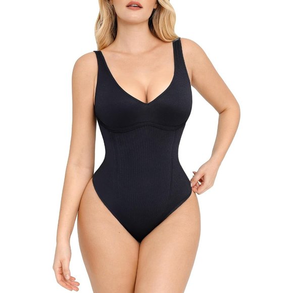 Women Slimming V Neck Bodysuits Snatched Waist Body Suit Sculpting Thong Shaper - Picture 1 of 6